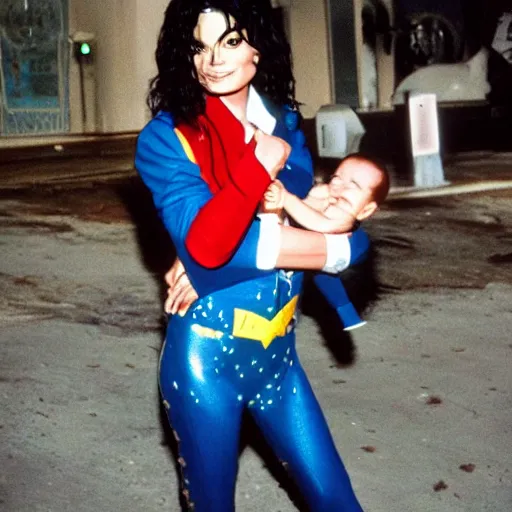 Image similar to michael jackson in a wonderwoman suit holding a baby