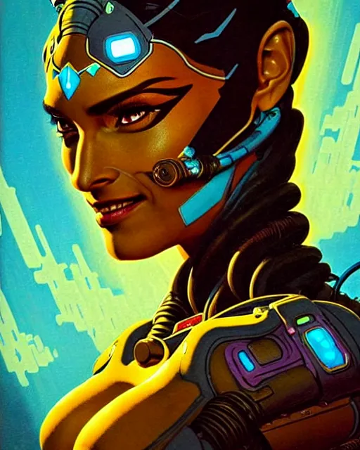 Image similar to symmetra from overwatch, character portrait, portrait, close up, concept art, intricate details, highly detailed, vintage sci - fi poster, retro future, in the style of chris foss, rodger dean, moebius, michael whelan, and gustave dore