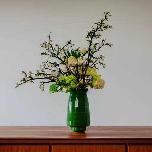 Image similar to a photo of 8k Ikebana in flower vase, ikenobo, ohararyu, sougetsu, wide angle, full body, sony a7r3, ultra detail, photorealistic, in simple background