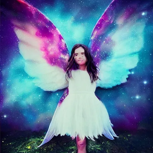 Image similar to girl cover in cosmic shadows with giant wings of glowing nebulas, realistic photograph, polaroid pic by horror