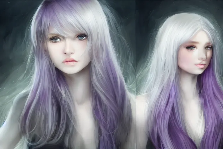 Image similar to A girl who's hair is light-silvery with a tint of purple, waist-length. orchid purple eyes. Elf ears Her skin is Ivory White pixiv artist WLOP artstation artist Mam BA artstation real photo very detailed