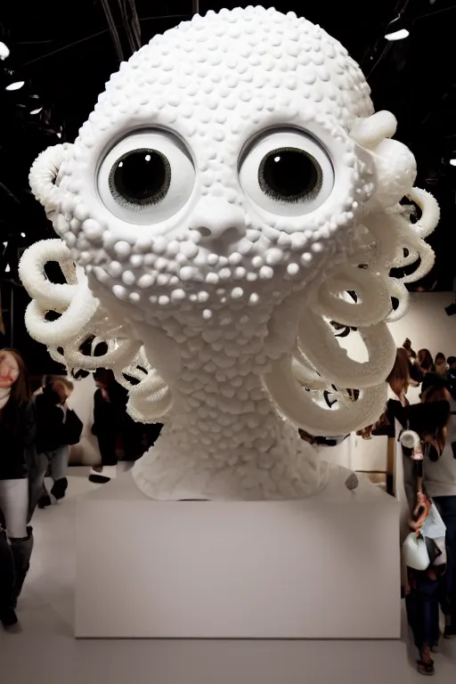 Image similar to full head and shoulders, beautiful porcelain female person, mixed with three giant frog spawn eyes, smooth, delicate facial features, white detailed eyes, white lashes, 3 d white shiny thick, larg tentacles and eyeballs, background is an empty art gallery, by daniel arsham and james jean, featured in pictoplasma