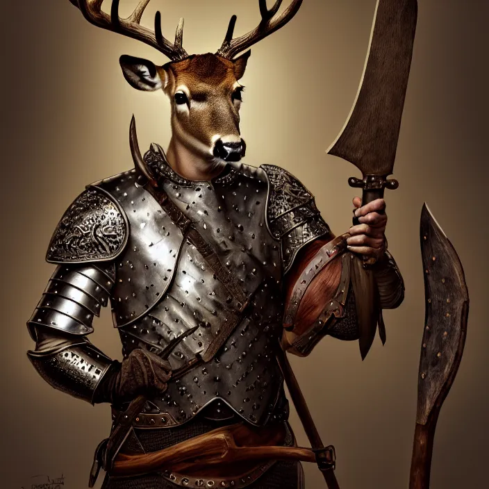 Image similar to portrait of a man with the head of a deer wearing a leather armor holding a pair of axe, subject in the center of the frame, wide angle shot, diffuse lighting, fantasy, intricate, elegant, highly detailed, lifelike, photorealistic, digital painting, artstation, illustration, concept art, smooth, sharp focus, art by John Collier and Albert Aublet and Krenz Cushart and Artem Demura and Alphonse Mucha