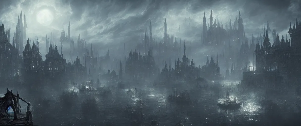 Prompt: large floating cities on top of huge floating islands, above sea, concept art, digital painting, in the style of Bloodborne, dark souls, demon souls, dark, night time, volumetric lighting, large scale, high detail, trending on art station, view from afar