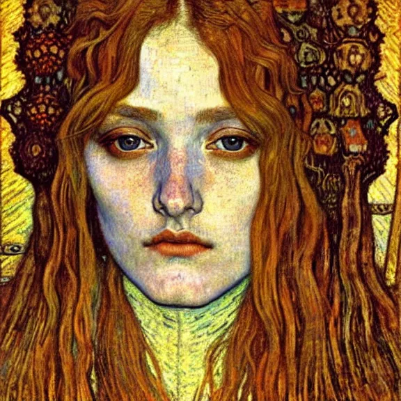 Image similar to detailed realistic beautiful young medieval queen face portrait by jean delville, gustav klimt and vincent van gogh, art nouveau, symbolist, visionary, gothic, pre - raphaelite, muted earthy colors, desaturated