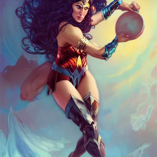 Image similar to Wonder Woman but she's a beautiful young ape kid, mucha, mayhem, illustration, by James Jean, artgerm, octane render, by John Coltrane and Marc Simonetti, Manic, inspired by Greg rutkowski, colorful, studio lighting, high detail of the face, full body