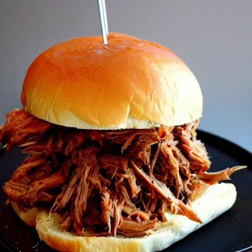 Image similar to pulled pork sandwich that looks like a monster, with eyes and shark teeth, drooling barbecue sauce