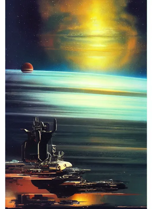 Prompt: understated. distant. negative space dominant. vast. empty. spacious bg. minimalistic piece. simplified environment. lonely cosmos. single ship as main subject. masterpiece book cover illustration by the great famous sci - fi artist john berkey.