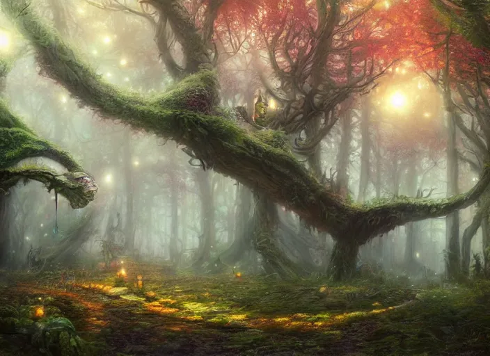 Prompt: desktop background, magical fantasy forest, saytr, path traced, highly detailed, high quality, digital painting, by studio ghibli, lise deharme, alexander jansson, paul lehr, tim white, hans zatzka, george stubbs, louis wain