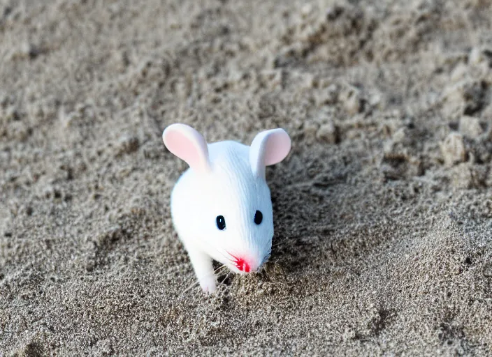 Prompt: dslr photo still of a little white mouse inside an intricate sand castle on wet sand in a bright sunny day, 8 k, 8 5 mm f 1. 4