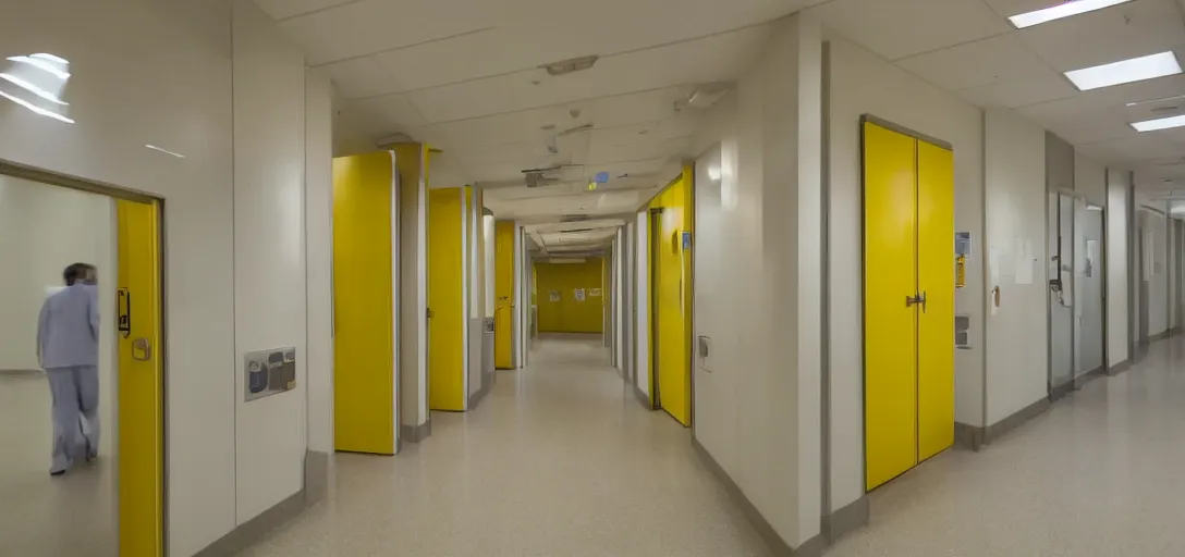 Prompt: a pristine yellow hospital hallway with wooden doors in front of each room,