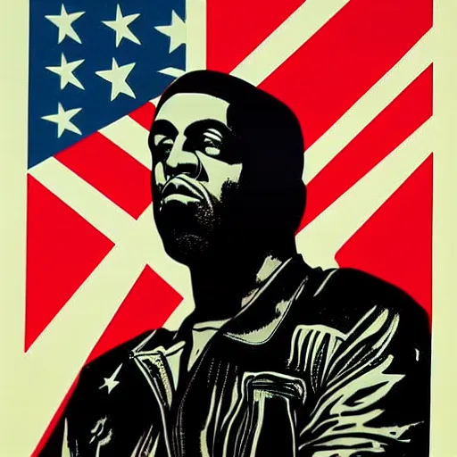 Image similar to Russian Propaganda Soviet screen-print shepard fairey illustrated poster of Kanye West as President standing in front of a USA America flag