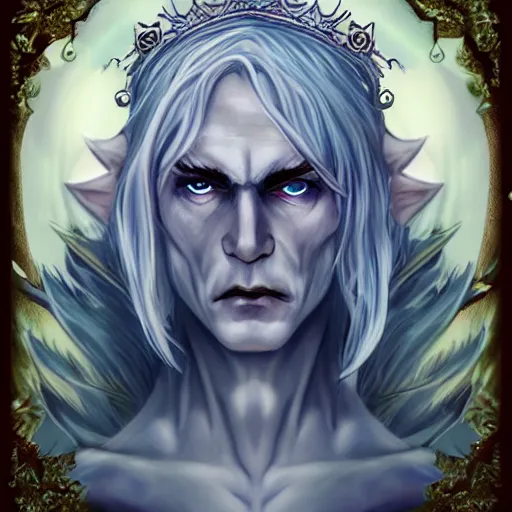 Prompt: the frightening archfey called'the prince of frost ', fantasy, white hair, blue skin, wild eyebrows, middle - age, elf, crown, trending on cgsociety