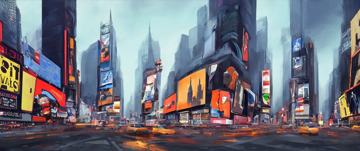 Image similar to huge modern downtown city, billboards, advertisements, Times Square, small buildings, dark, concept art, digital painting, style of Ralph Mcquarrie, warm lighting, futuristic, volumetric lighting, street view, daytime, godrays , high detail