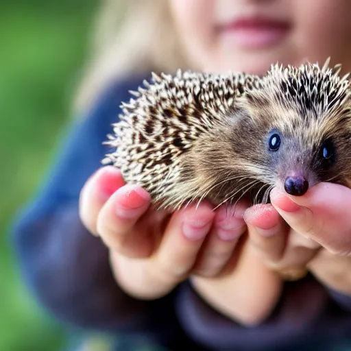 Image similar to a close up photo of a girl holding a baby hedgehog in her hand with the hedgehog upside down, real photo, real camera, dslr, intricate quality, 8 k