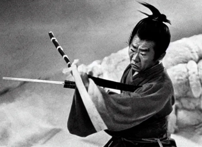 Image similar to a movie still of a samurai aggressively slicing a loaf of bread, a movie by Akira Kurosawa