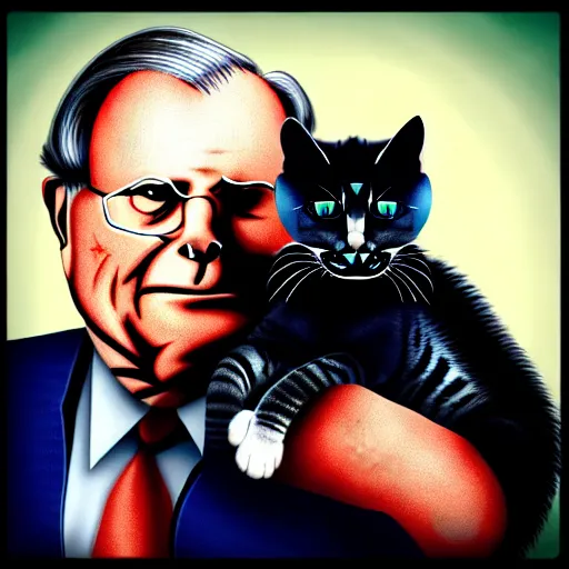 Image similar to junkyard cat mixed with donald rumsfeld