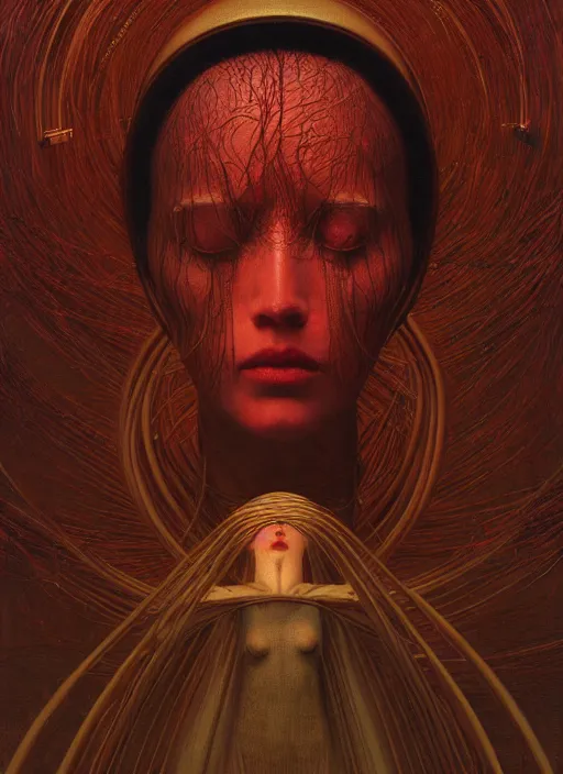 Image similar to Woman masterpiece, red, golden halo behind her head, red wires wrap around, by Edgar Maxence and Ross Tran, Zdzisław Beksiński, and Michael Whelan, distant, gustav dore, H.R. Giger, 8k, octane render