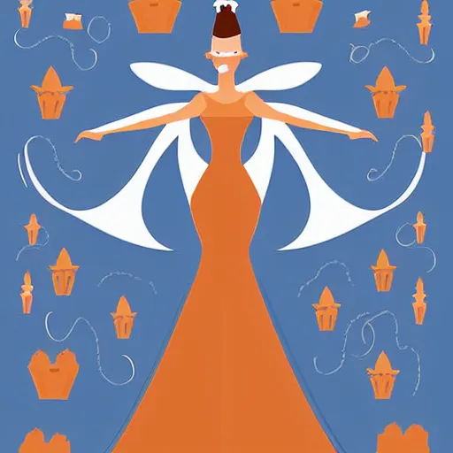 Image similar to modern minimalist vector art of a fairy tale princess in navy and burnt orange hues, clean lines