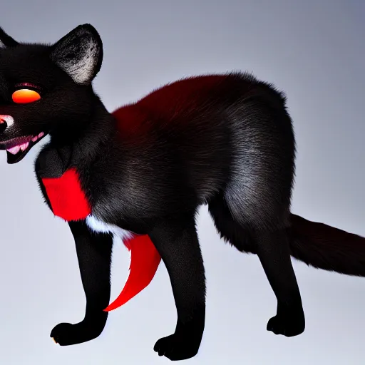 Image similar to anthro furry canine with black and red fur in a military outfit, 4 k, detailed, global illumination, chromatic aberration, studio lighting, strong pose