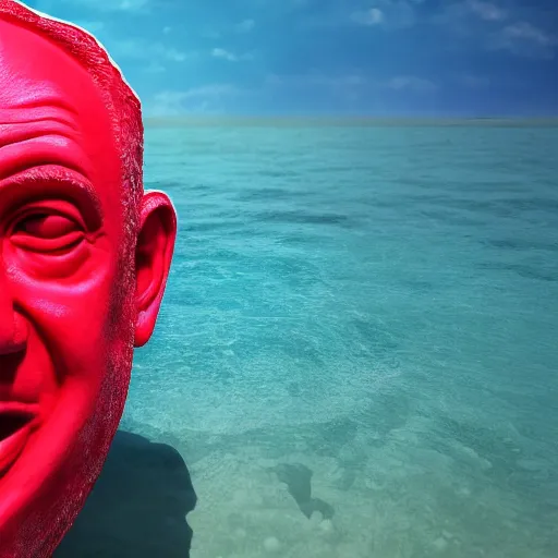 Image similar to a giant benjamin netanyahu sculpture made out of juicy red jelly, in the sea, long shot, hyper detailed, hyper realistic, ray tracing, 8 k resolution, sharp focus, realistic water, award winning