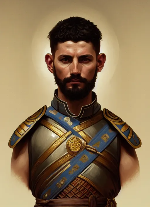 Image similar to symmetry!! portrait of roman soldier, ancient rome, intricate, elegant, highly detailed, digital painting, artstation, concept art, smooth, sharp focus, illustration, art by artgerm and greg rutkowski and alphonse mucha, 8 k
