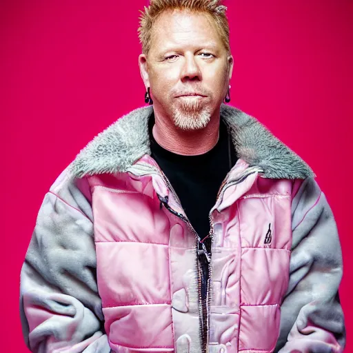 Image similar to professional portrait of james hetfield wearing a pink puffy jacket, very detailed, very intricate, dslr,