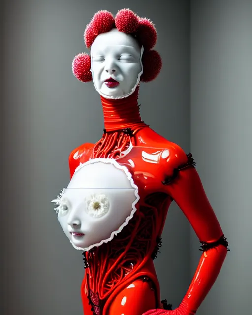 Image similar to symmetrical portrait of a woman wearing a red embroidered translucent silicone mask and white frizzy hair buns, wearing a black bodysuit by alexander mcqueen, standing in a sterile room full of translucent silicone flowers and plants, white background, soft diffused light, biotechnology, humanoide robot, futuristic aesthetic, translucent, ethereal, intricate details, highly detailed, masterpiece,