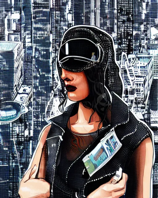 Image similar to cypherpunk fashion illustration, camera face, city street background with high tall buildings, abstract portrait highly detailed, finely detailed