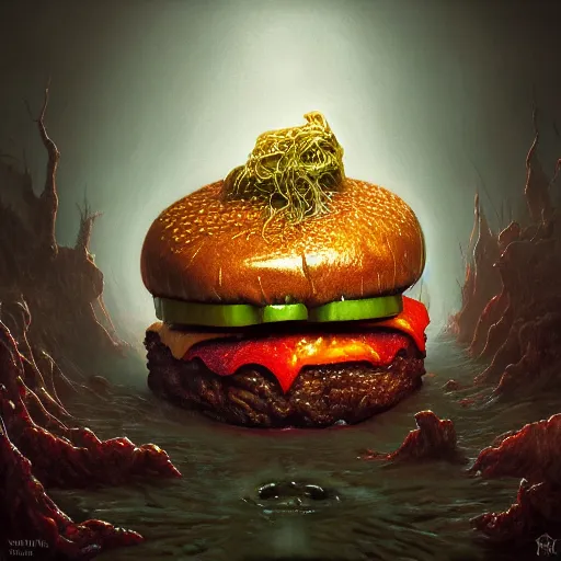 Image similar to photorealistic demonic cheeseburger in the style of michael whelan and gustave dore. hyperdetailed photorealism, 1 0 8 megapixels, amazing depth, glowing rich colors, powerful imagery, psychedelic overtones, 3 d finalrender, 3 d shading, cinematic lighting, artstation concept art