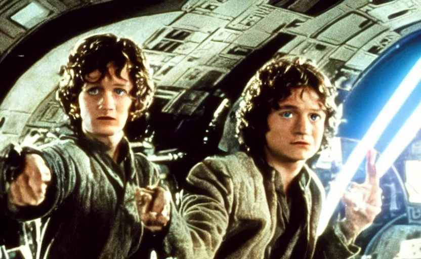 Prompt: screenshot portrait shot of a professor x flying the millennium falcon cockpit with Frodo, iconic scene from the 1977s Star Wars film directed by George Lucas, color kodak stock, ektochrome, anamorphic lenses, detailed faces, crisp, sharp, beautiful cinematography