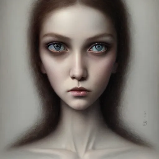 Image similar to a beautiful portrait of a single lonely dollpunk female posing, detailed, realistic eyes, symmetry body features proportions, award winning, by Tom Bagshaw