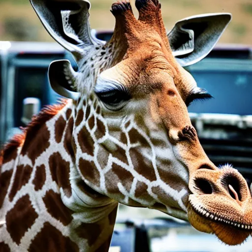 Image similar to a giraffe in a safari truck in south africa watching humans drink water mid dat