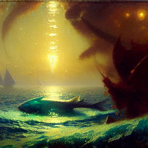 Prompt: point of view of deep in the ocean looking up, you see fishes, the milk way, night time, midnight, no sunlight. highly detailed painting by gaston bussiere, greg rutkowski 8 k