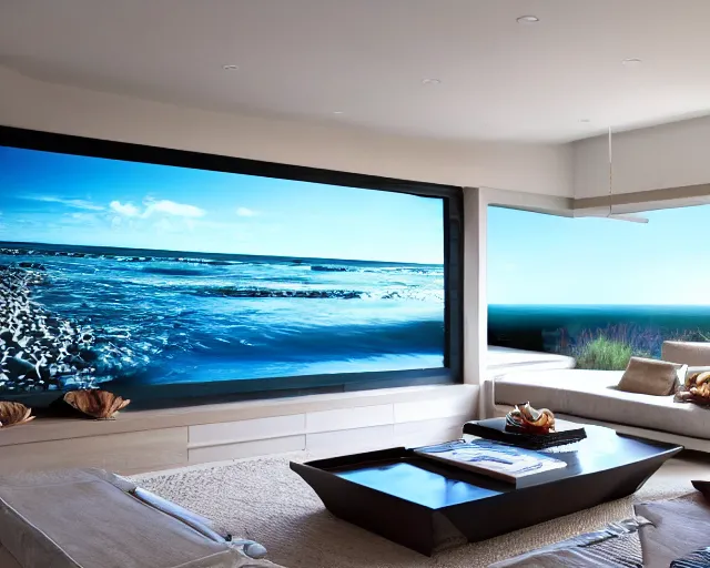 Image similar to A modern living room inspired by the ocean, a luxurious wooden coffee table with large seashells on it, A huge television, amazing detail, 8k resolution, blue color, calm, relaxed style, harmony, wide angle shot