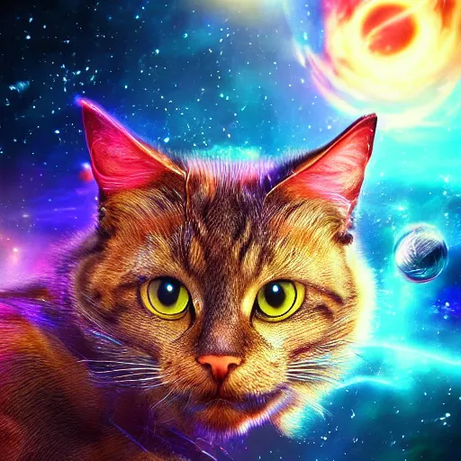 Image similar to Photorealistic magic cat in outer space. Hyperdetailed photorealism, 108 megapixels, amazing depth, glowing rich colors, powerful imagery, psychedelic Overtones, 3D finalrender, 3d shading, cinematic lighting, artstation concept art