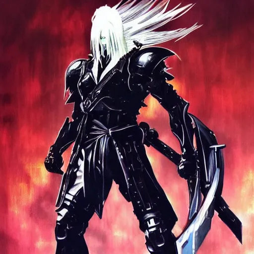 Prompt: a beautiful painting of sephiroth by yoji shinkawa, metal gear solid, strong lines and bold colors, limited color palette, atmosphere and tension, japanese, trending on artstation