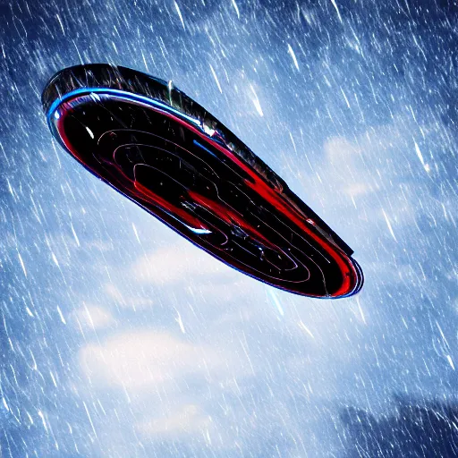 Image similar to sci fi spaceship flying under rain