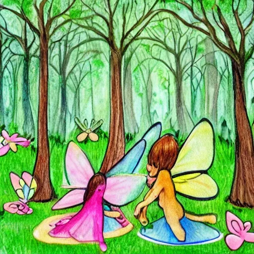 Prompt: tiny fairies playing hide and seek in a beautiful forest, green, colourful, playful, drawing