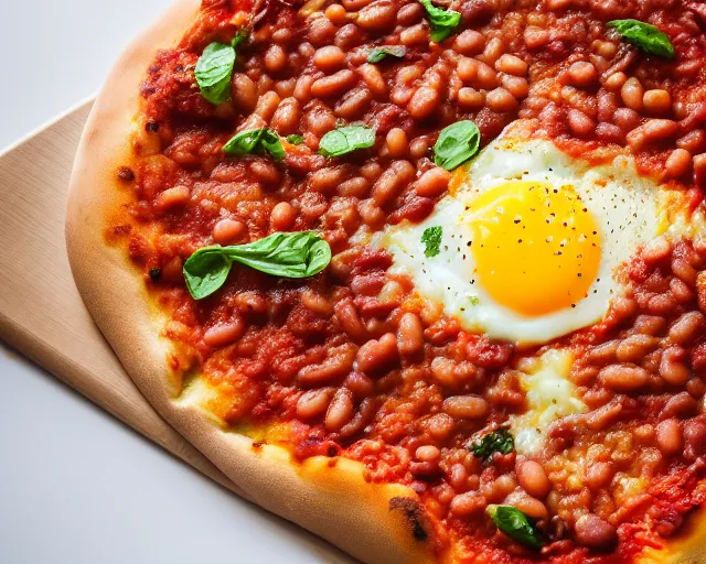 Prompt: dslr food photograph of a mouthwatering new york pizza with baked beans and egg on, 8 5 mm f 1. 4