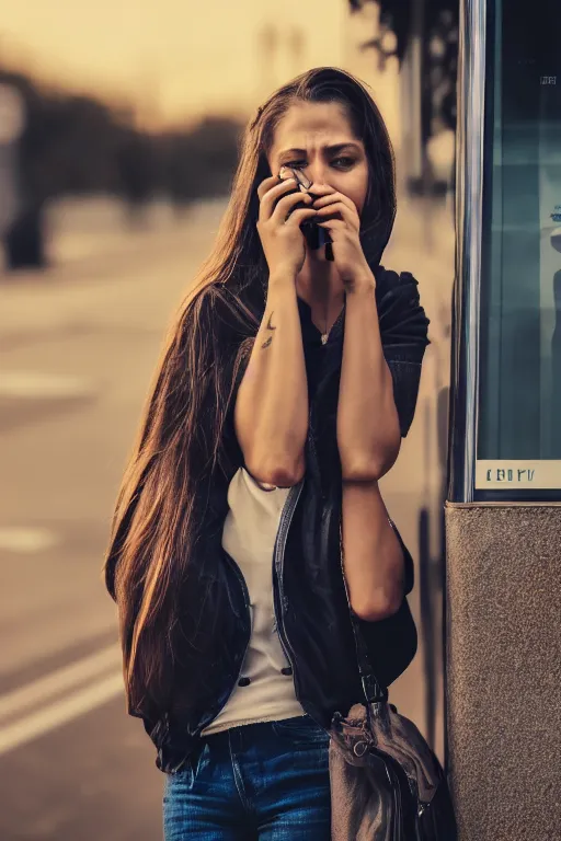 Image similar to beautiful woman, beautiful face of a woman, standing at a bus stop in the early morning, calling on the phone, around the city, the road, 3 5 mm photography, highly detailed, cinematic lighting, 4 k