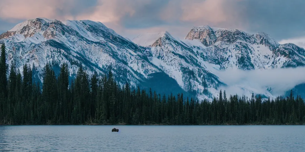 Prompt: landscape photography of the bc rockies, bears, lake, canoe, early morning sky