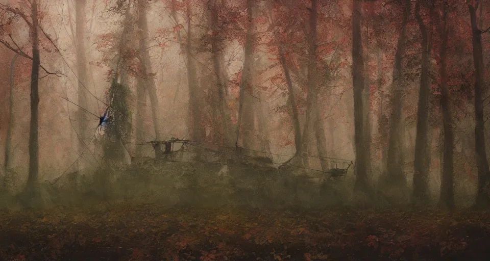 Image similar to an old broken sailing ship in an autumn forest, green and red tones, by Aron Wiesenfeld and beksincki, cinematic, detailed illustration, nature, fog, dark colors, suspense, intricate, 8k