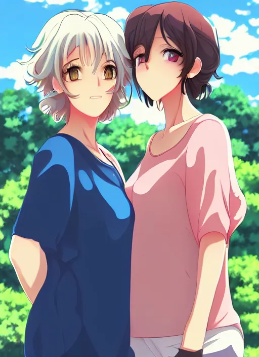 Image similar to two beautiful mature women under a blue sky, casual summer clothes, gorgeous faces, thick lines, cinematic lighting, detailed anime art