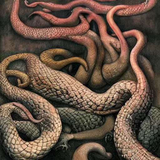 Image similar to the jumbled dreams of serpents, by M.C. Escher, by Santiago Caruso, oil on canvas, beautiful, eerie, surreal, colorful