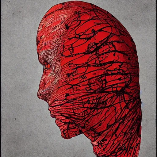 Prompt: a portrait bandaged mummy, smooth lines, red splatters, in the style of zdzisław beksinski and junji ito, trending on artstation deviantart pinterest