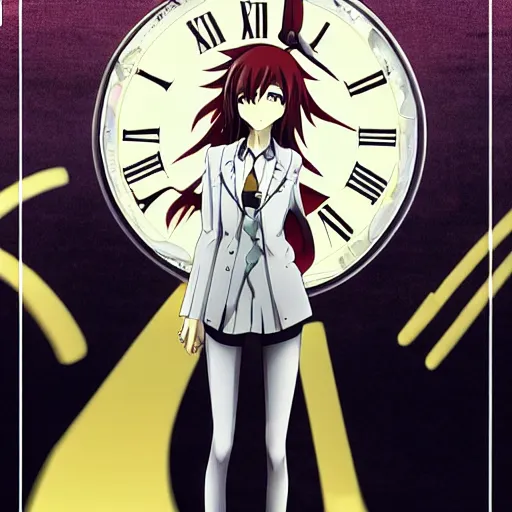 Image similar to Anime key visual of Kurisu from Steins;Gate, abstract clockwork background ,official media