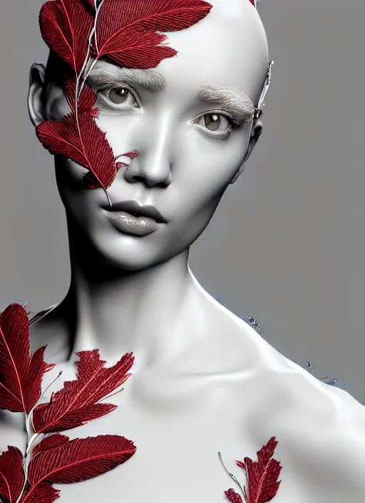 Image similar to complex 3d render ultra detailed of a beautiful porcelain profile young woman face, biomechanical cyborg, 200 mm lens, beautiful studio soft light, rim light, silver white gold red details, magnolia big leaves achromatic and stems, roots, fine foliage lace, mesh wire, Alexander Mcqueen high fashion haute couture, art nouveau fashion embroidered, intricate details, hyper realistic, ultra detailed, mandelbrot fractal, anatomical, facial muscles, cable wires, microchip, elegant, octane render, H.R. Giger style, 8k post-production, trending on Artstation