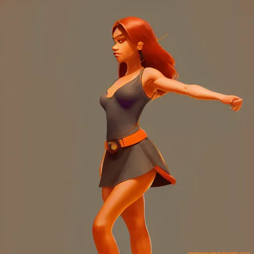 Image similar to upper body illustration of a beautiful latin girl, brown skin, orange hair, small waist, she wears a pretty miniskirt, mattepainting concept blizzard pixar maya engine on stylized background splash comics global illumination lighting artstation, sharp focus, epic, elegant greg rutkowski