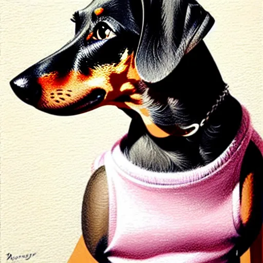 Image similar to richly detailed color  illustration of a dainty pretty young woman wearing a tank top, 'My pet dachshund' is the theme, very soft shadowing, smooth textures, large scale image. art by Range Murata.